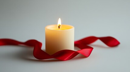 Poster - A lit candle surrounded by a flowing red ribbon on a minimalist background