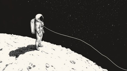 Wall Mural - A stylized astronaut stands on a lunar surface, tethered by a long cord, gazing into the starry abyss of space