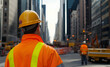© Bayu - A construction worker in safety gear oversees urban roadwork in a busy city environment. AI Image