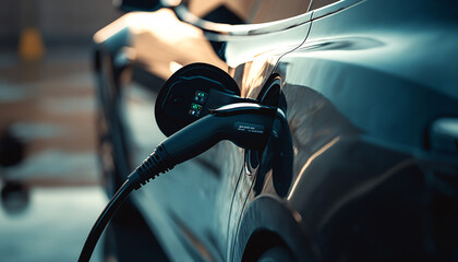 electric car charging station closeup with cable plug in vehicle