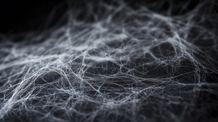 Close-up of a spider web with intricate details, showing delicate threads and a complex structure.