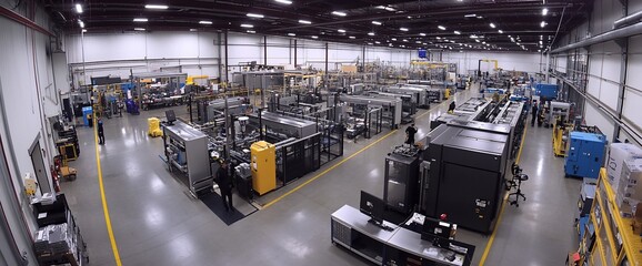 Poster - A wide-angle view of a large, clean, industrial factory with lots of machinery and several workers walking around.