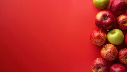 Wall Mural - Colorful Array of Fresh Red, Green, and Yellow Apples Artfully Arranged on a Bold Red Background, Ideal for Concepts of Healthy Eating, Farm Fresh Produce, and Seasonal Autumn Themes