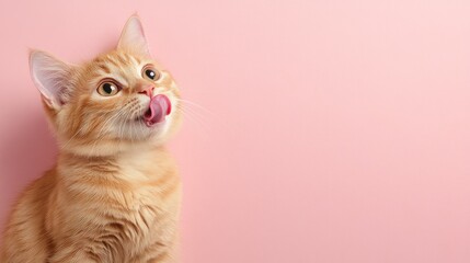 Wall Mural - A fluffy cat sitting on a trendy pink background with its tongue out, ready to lick its mouth, on an empty table perfect for advertising