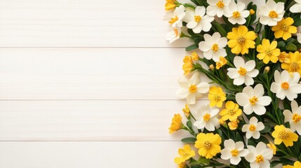 Wall Mural - Golden Happy Easter text with a halo of spring flowers and a gentle sunlight glow on a whitewashed wood background classy holiday card 