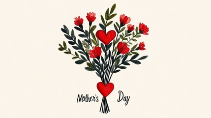 Wall Mural - Hand-drawn Mother's Day in cursive with a heart and small bouquet illustration on a cream background sweet and warm 