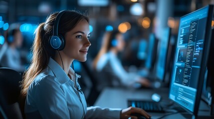 A young woman with headphones is working on a computer in a call center. She is smiling and looking at the monitor. There are other people working in the background.