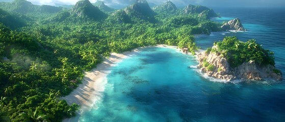 A stunning aerial view of a tropical paradise featuring lush green mountains, a serene turquoise bay, and a soft sandy beach under a bright blue sky, evoking a sense of tranquility.