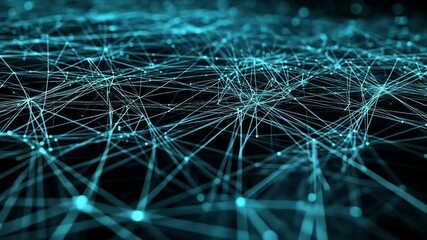 A digital network of glowing blue lines and points connects across a black background