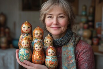 Wall Mural - A craftswoman smiles, holding her collection of Russian nesting dolls.