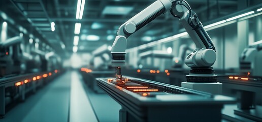 Poster - Automated robotic arm in factory assembly line,  working on a conveyor belt.