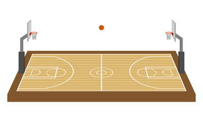 basketball field court floor with hoop and ball complete set. vector illustration isolated on white 