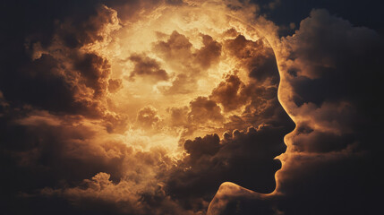 Sticker - Silhouette of a person's face in the clouds at sunset.