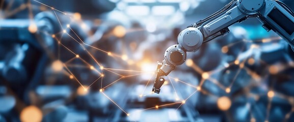 Poster - Close-up of a robotic arm in a factory setting, with a network of glowing lines connecting it to other robotic arms in the background.