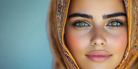 Sticker - Close-up portrait of a young woman wearing a headscarf, her green eyes looking directly at the camera.