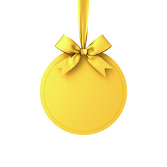Leinwandbilder - Blank gold round sign mockup hanging with gold ribbon bow isolated on white background minimal conceptual 3D rendering