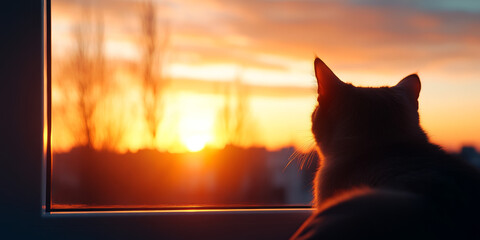 Wall Mural - A cat sits by a window, watching the sunset.