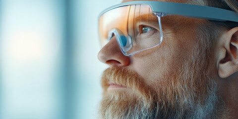 Canvas Print - A close-up shot of a man wearing protective goggles, looking intently.