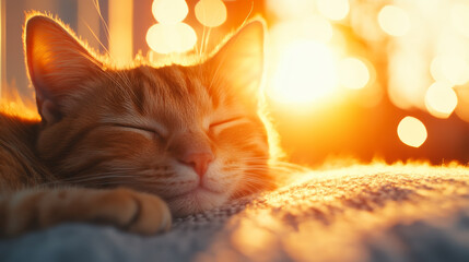 Poster - A ginger cat naps peacefully in the warm glow of the setting sun.