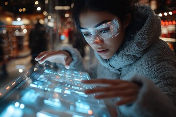 A woman in a futuristic city interacts with a digital display using augmented reality glasses.