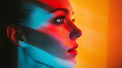 Woman's face in profile with colorful light stripes on her skin.