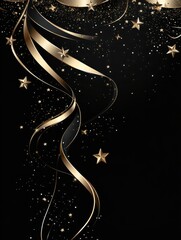 Wall Mural - christmas greetings banner with swirl ribbons and stars on black colour background