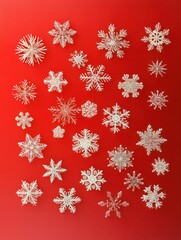 Wall Mural - christmas illustration with various small snowflakes on gradient background in red colors