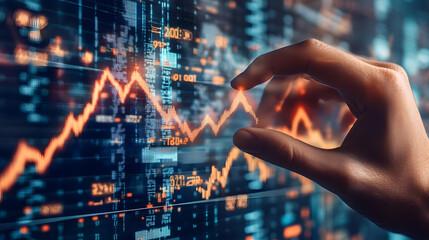 Visual Representation of a Hand Creating a Growth Arrow Against Financial Graphs Signifying Profitable Investments and Strategies.