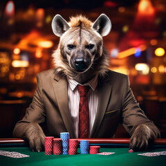 Hyena player  in a suit sitting at a Texas holdem poker table in Las Vegas