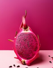 Canvas Print - A vibrant pink dragon fruit with black seeds on a pink background.