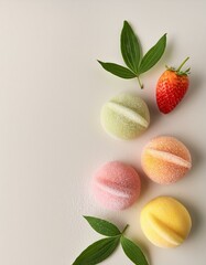 Wall Mural - Colorful bath bombs with a strawberry and leaves on a white background.