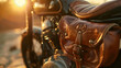 © KaiTong - Close-up of a leather saddlebag on a vintage motorcycle, illuminated by golden sunset light, highlighting classic style and craftsmanship