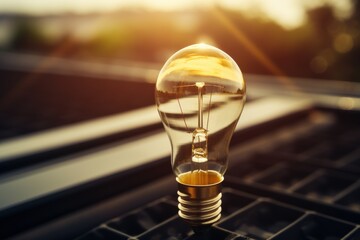 Clear light bulb illuminating solar panel at dusk