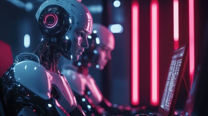 ai cyber security concept. diverse it specialist team analyzing artificial intelligence online risk 