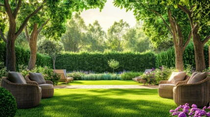 Beautiful green garden with wicker terrace furniture and trees