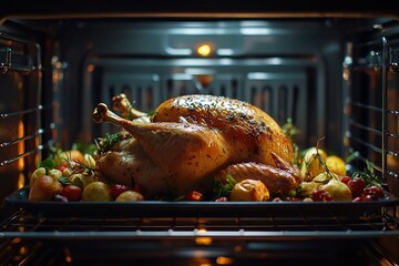 Cooking roasted turkey on tray in the oven. Thanksgiving day