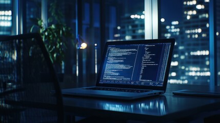 software codes display on screen of a laptop on the table in modern office, web development software engineering cybersecurity.