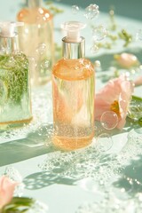 Glowing bottles with flowers and bubbles highlighting natural skincare beauty