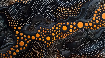 An abstract artwork featuring intricate black and orange dotted patterns on a textured canvas, symbolizing modernity, creativity, and artistic innovation.