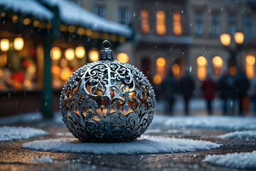 Winter romantic walk through Christmas Prague. Beautiful vintage snow-covered streets with festive lanterns and cozy lights.