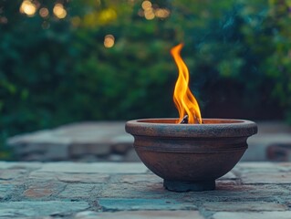 A vibrant flame flickers from a stone bowl in a tranquil, natural setting, evoking a sense of calm and mystique.