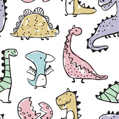 Sticker - Seamless pattern with doodle dinosaurs, cracked eggs, colored with marker strokes. Black outline and colorful fill on a white background. Great for kids clothing, playful decor.