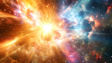 Wall Mural - a powerful explosion of bright light and fiery energy illuminates a swirling vortex of cosmic dust a