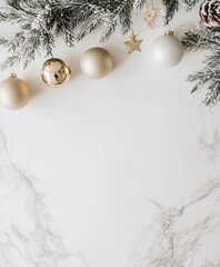 Wall Mural - Christmas background with decorations along the edges. Christmas tree branches, gold glitter balls, stars, and garland. Flat lay, top view on a dark background with copy space.