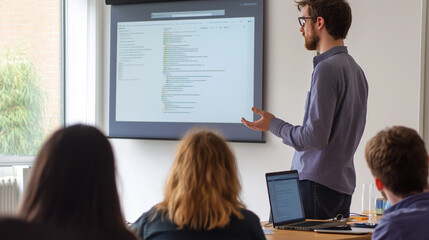 A software engineer presenting their code on a screen in a meeting