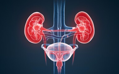 3D illustration of human kidneys and bladder.