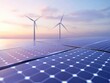 © Sergey - Image showcasing renewable energy with solar panels in the foreground and wind turbines in the background against a serene sky.