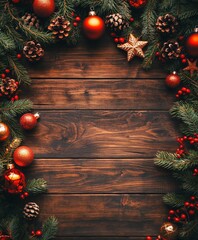 Christmas background with decorations along the edges. Christmas tree branches, gold glitter balls, stars, and garland. Flat lay, top view on a dark background with copy space.