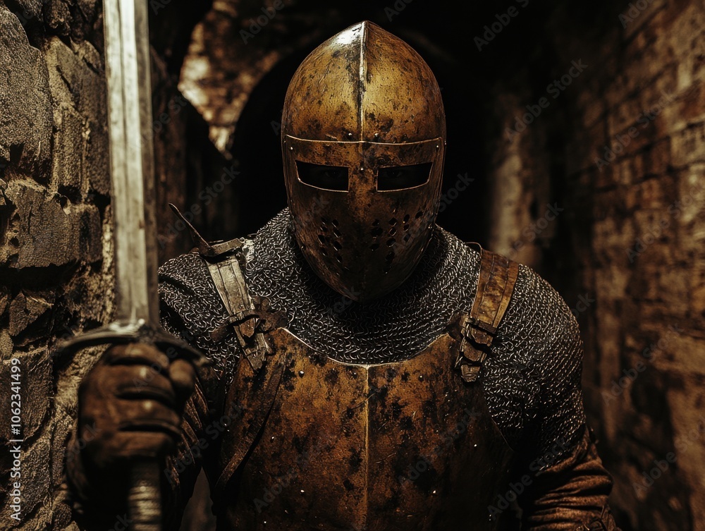 A knight in full armor raises a sword in a dimly lit medieval setting ...