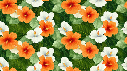 Seamless pattern featuring decorative summer hibiscus flowers in vibrant green white and orange ideal for fabric design and home decor